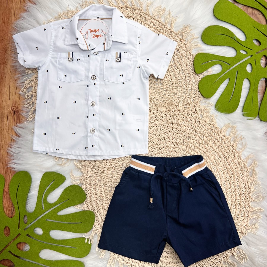 Conj. Camisa Triângulos e Bermuda - Branco e Marinho